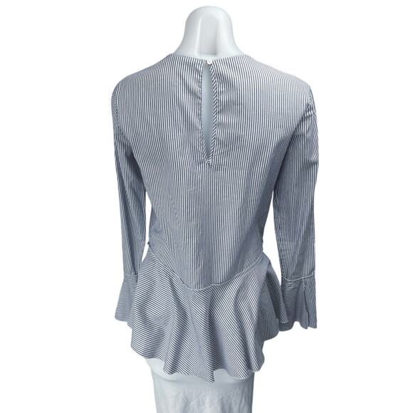 Theory Lexanda Mason White Blue Striped Long Bell Sleeve Peplum Blouse Top Sz XS - Picture 6 of 9